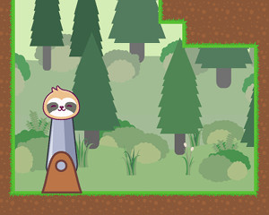 Kuvakaappaus Launch-A-Sloth-pelistä. Kuvassa pelin päähahmo, laiskiainen nimeltä Thud on kanuunassa, valmiina sinkoutumaan kohti kentän maalia.